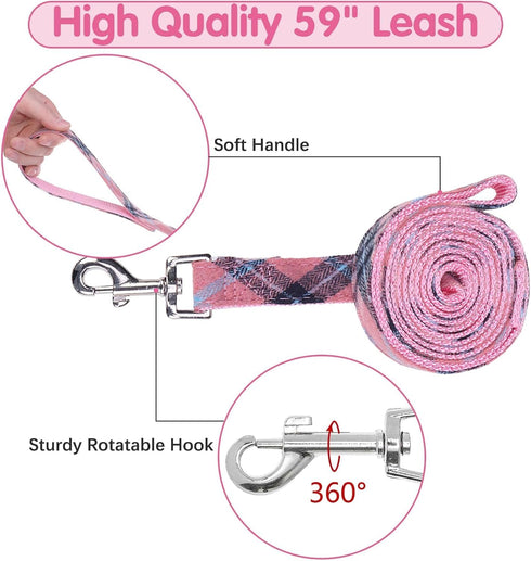 BINGPET Adjustable No Pull Dog Harness Collar Leash Set, Classic Plaid for Small Medium Large Dogs (Pink, M)
