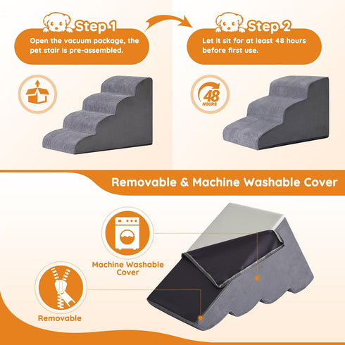 Dog Steps for Bed, 4-Step Ramp for Small Dogs, Non-Slip Bottom Design, High Density Foam Portable Pet Step, Indoor, Grey