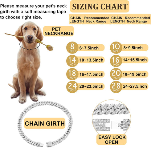 Cuban Link Dog Collar, Gold Silver Metal Chain, Cuban Diamond Pet Collars for Dogs Cats, Jewelry 8/10/14/16/18/20/24/28