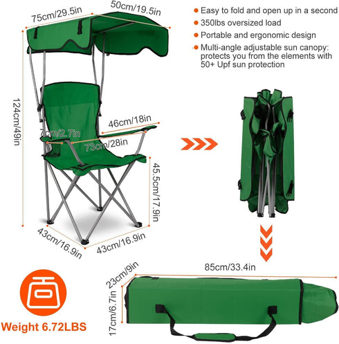 50+ 350LB TeqHome Camping Chair with Canopy, Outdoor Folding Lounge Chair with Adjustable UPF Sun Shade & Cup Holder