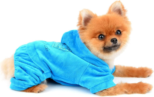 Pet Clothes SMALLLEE_LUCKY_STORE for Small Dog Cat, Soft Velvet Crown Jumpsuit Coat Hoodie Pajamas Tracksuit Blue M