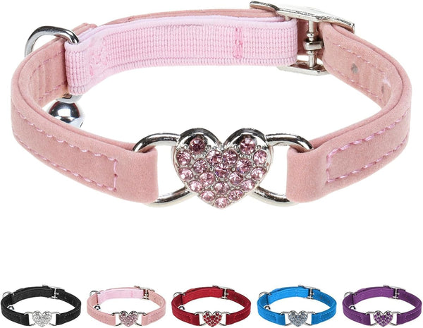 BINGPET Diamond Cat Collar, Adjustable Soft Velvet Leather Kitten Collar with Crystal Heart Charm, Pink