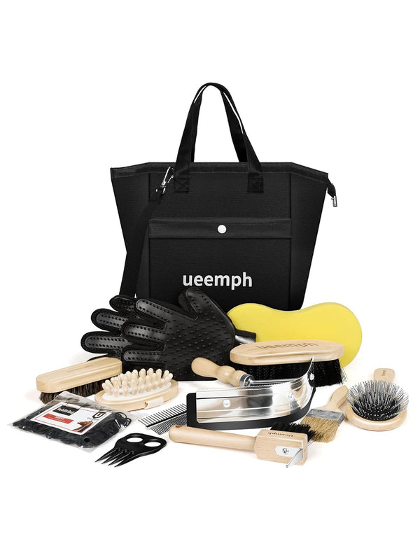 Horse Grooming Kit (12-Piece): Brushes, Storage Bag, Sweat Scraper, Mane Comb, Grooming