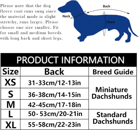 Dachshund Coats Red Fleece Coat for Miniature Sausage Dog with Hook and Loop Closure and Reflective Trim Safety - S