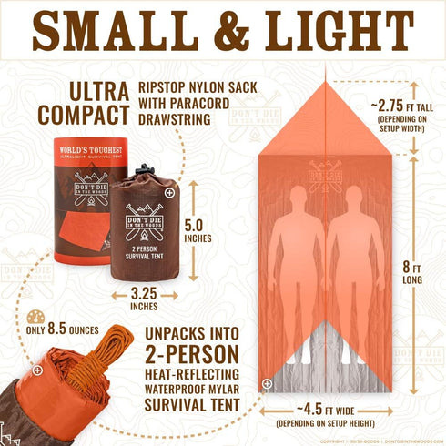 World's Toughest Ultralight Survival Tent - 2 Person Mylar Emergency Shelter Tube Tent + Paracord for Year-Round All