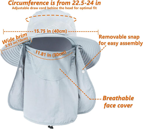 UPF 50+ Sun Fishing Hat for Men Women with Detachable Face Cover & Neck Flap, Wide Brim Hat