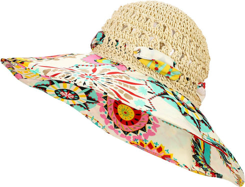 Summer Wide Brim Beach Hats for Women, Anti-UV Flower Floppy Foldable Roll Up Cap