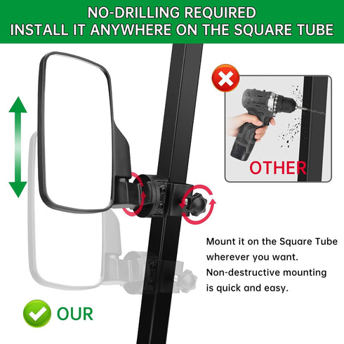 Golf Cart Mirrors, Universal Rear View for 0.7"-1.35" Square Rail, 360° Rotation, No Drilling