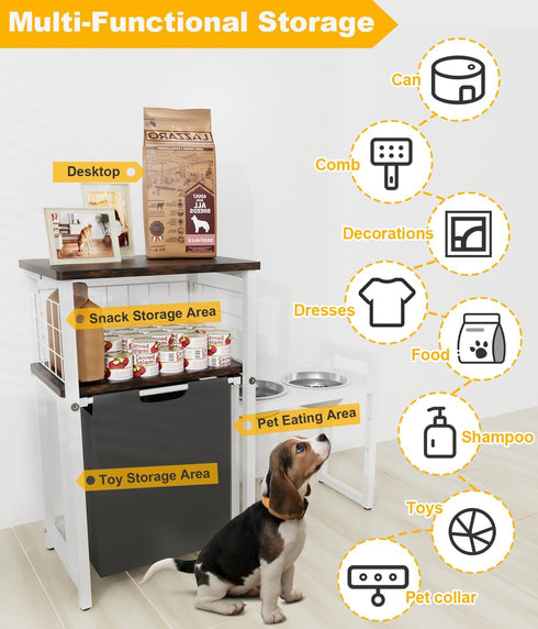 Elevated Dog Bowls with Toy Basket - Adjustable Pet Feeding Station for Large Medium Small Dogs, White
