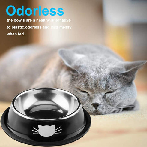 3 PCS Cat Bowls, SUOXU Stainless Steel Pet Bowls Non-Skid Base Leak-Proof Cats Food Bowl, Metal Cat Bowls Feeding Bowls for Cats, Cat Water Bowl with Cute Cats Painted