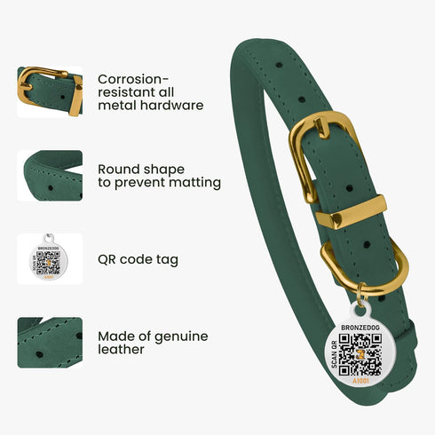 BRONZEDOG Rolled Leather Dog Collar with QR ID Tag, Adjustable Soft Round Collars for Small Medium Large Dogs (16" -