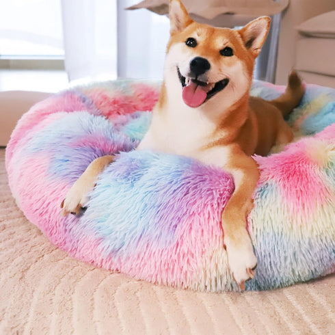 Patas Lague Calming Dog Bed for Small Dogs, Fluffy Cozy Faux Fur Anti-Anxiety Plush Donut Cuddler, Washable Pet Bed (20