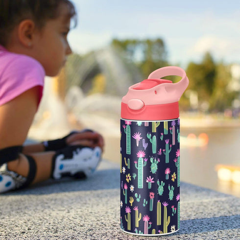 Wfrish 12 oz Cactus Flower Kids Water Bottle with Straw Lid Insulated Stainless Steel Travel Tumbler BPA-Free Pink