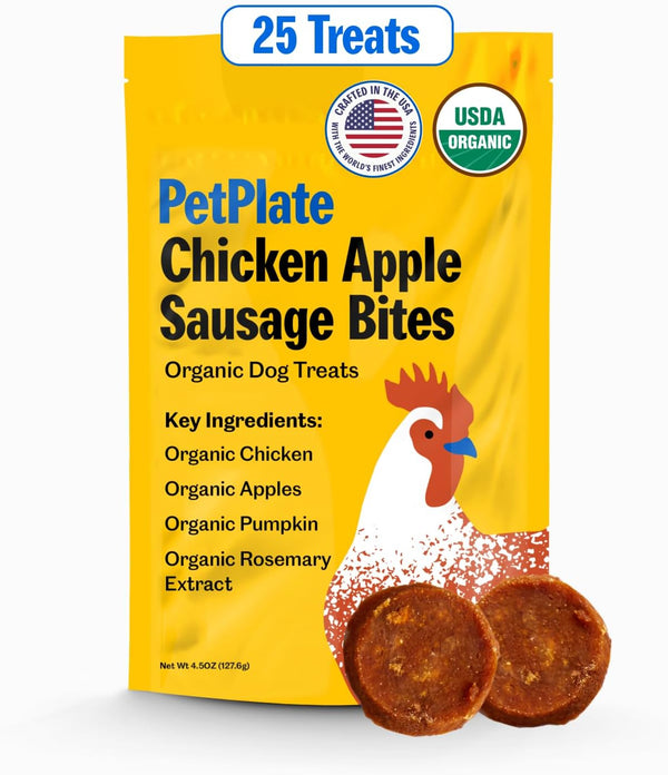 PetPlate Chicken Apple Sausage Bites, Human Grade Dog Treats, All Life Stages, Grain-Free, High Protein, 4.5 Ounce