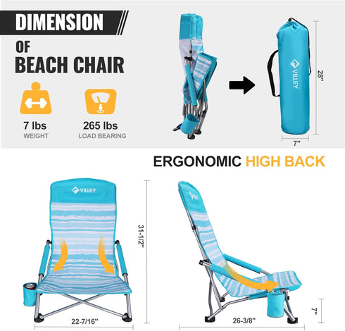 VILLEY Low Beach Chair, High Back Folding Chair for Adults, Lightweight and Portable for Outdoor, Camping, Lawn, Music