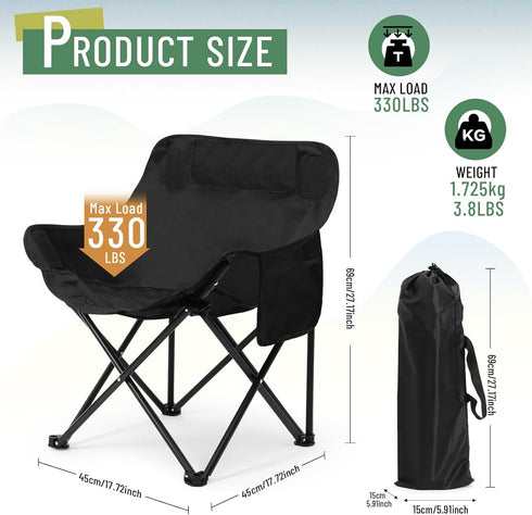 Seeloowy 2 Pack 600D 330lbs(Black) Compact Camping Chairs Portable Folding for Outside with Carry Bag Lightweight Moon