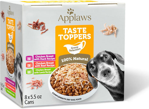 Applaws Taste Toppers, Grain Free Dog Food Topper, 8 Count, Limited Ingredient, 5.5oz Cans, Gravy Variety