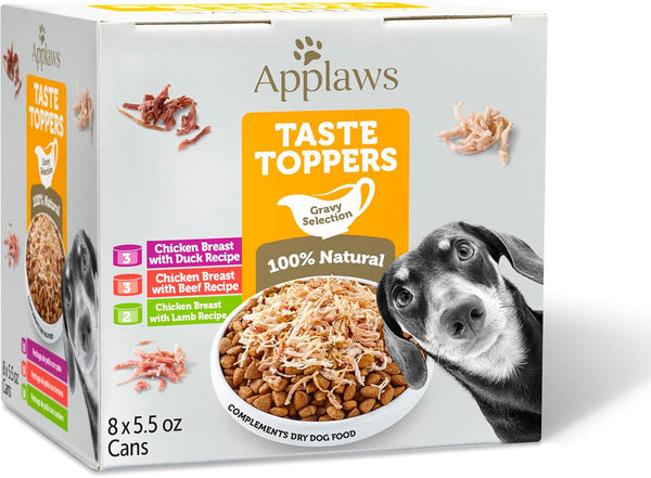 Applaws Taste Toppers, Grain Free Dog Food Topper, 8 Count, Limited Ingredient, 5.5oz Cans, Gravy Variety