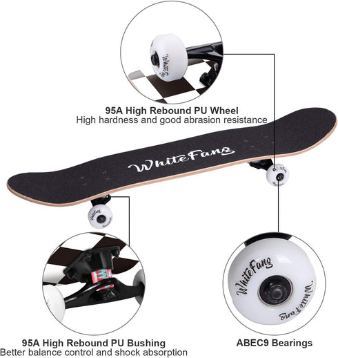 WhiteFang Complete Skateboard for Beginners, 31 x 7.88, 7 Layer Canadian Maple, Double Kick Concave