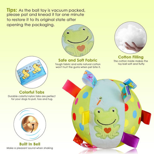 Dog Squeaky Plush Ball Toy with Straps, 6 Inches Soft Stuffed Ball with Cotton Material and Bell for Fetch