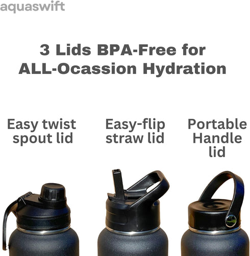 aquaswift 40 oz, 3 core - Sports Water Bottle - Gym & Outdoor Bottles, Double Wall, Black - Vacuum Insulated Stainless