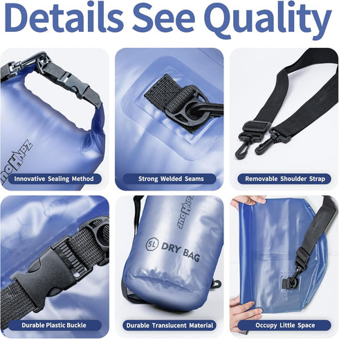 Waterproof Dry Bag with Roll Top, Transparent Storage Bag - 2L/5L/10L/20L for Traveling, Swimming, Kayaking