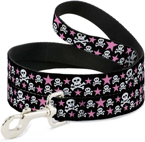 Dog Leash with Skulls and Stars, Black White Pink, 4 Feet Long, 1.5 Inch Wide