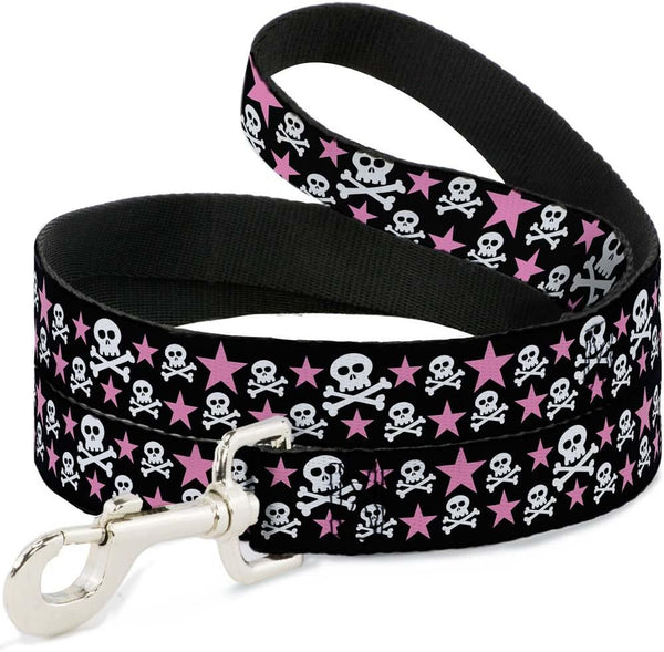 Dog Leash with Skulls and Stars, Black White Pink, 4 Feet Long, 1.5 Inch Wide