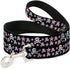 Dog Leash with Skulls and Stars, Black White Pink, 4 Feet Long, 1.5 Inch Wide