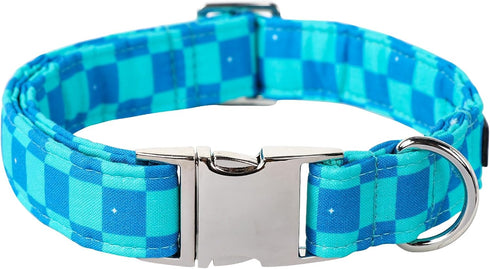 Maca Bates Checkered Mint Blue Dog Grid Collar, Adjustable Plaid Collars for Small Medium Large XL Puppies with Golden