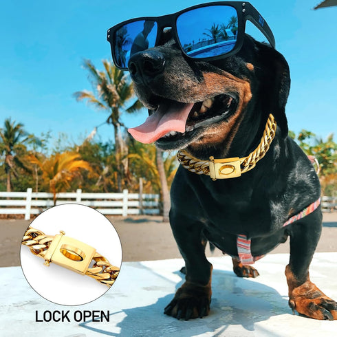 BAOBOTE Gold Chain Dog Collar, 16MM 18K Gold Heavy Duty Cuban Link with Secure Snap Buckle, Chew Proof for Dogs (24"