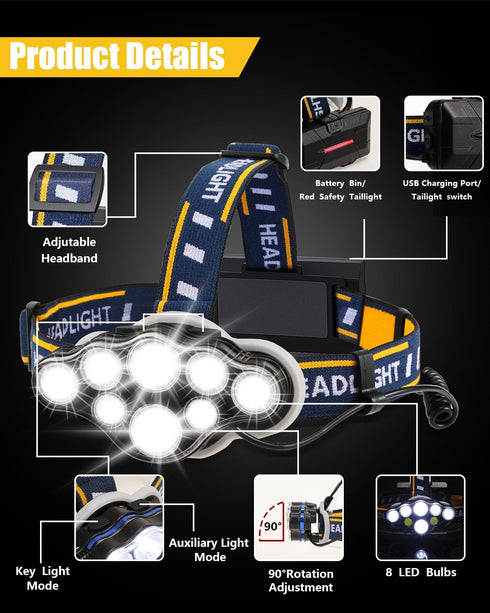Rechargeable Headlamp, 8 LED Flashlight 18000 Lumen, 8 Modes with White Red Lights, Waterproof Head Lamp for Outdoor