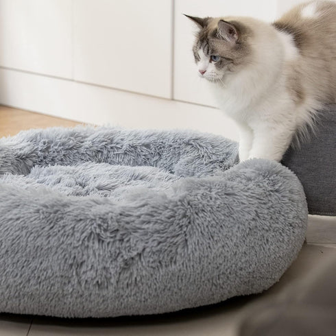Anti Anxiety Round Fluffy Plush Faux Fur Dog Bed, Washable Bed for Small Medium Large Pets, Relieves Joints, 24", Light