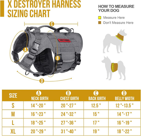 OneTigris Large Tactical Dog Harness, Adjustable No Pull Vest with Handle, Grey, Heavy Duty with Hook and Loop Panels