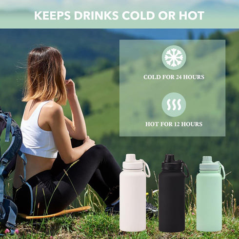 White 32 OZ Insulated Water Bottle, Large Metal Stainless Steel Flask with 2 Lids for Sports Travel