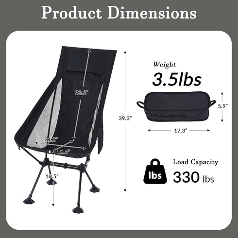 Backpacking High Back Lightweight Camping Chair for Adults with Wide Seat and Head Support,Ultralight Compact Chair