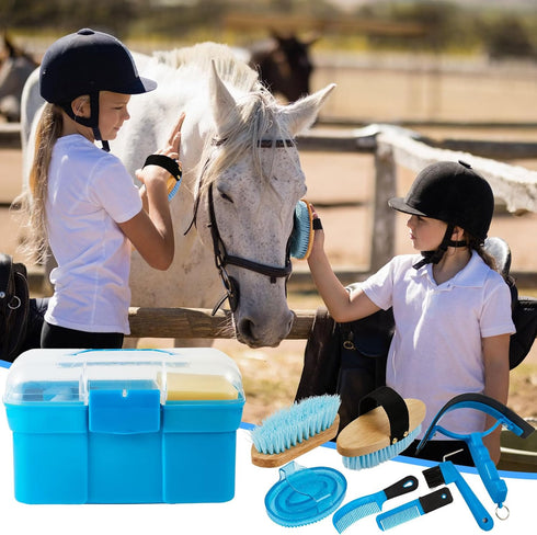 9 Cunhill Pieces Horse Grooming Kit with Organizer Curry Comb, Hard & Soft Brushes, Hoof Pick, Sweat Scraper, Sponge