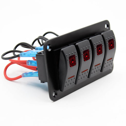 FXC Rocker Switch Aluminum Panel, 4 Gang Toggle Switches Dash, 5 Pin ON/OFF, 2 LED Backlit for Boat Car Marine Red