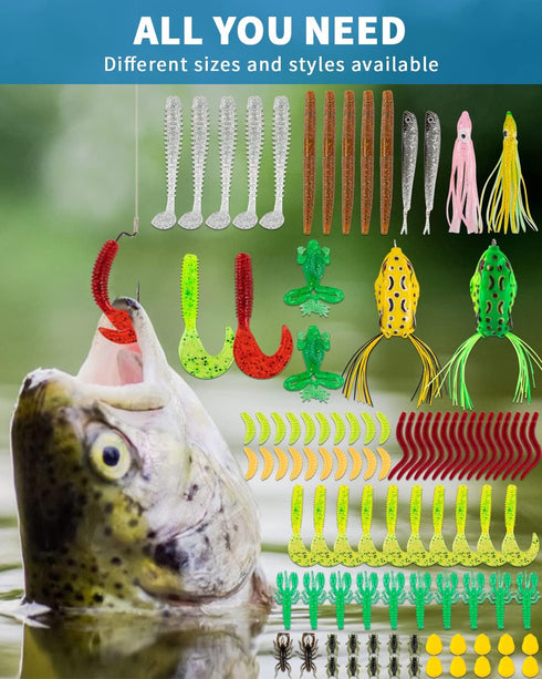 Fishing Lures Kit for Freshwater, Tackle Kit with Spoon Lures, Soft Plastic Worms, Crankbait, Jigs, Fishing Hooks