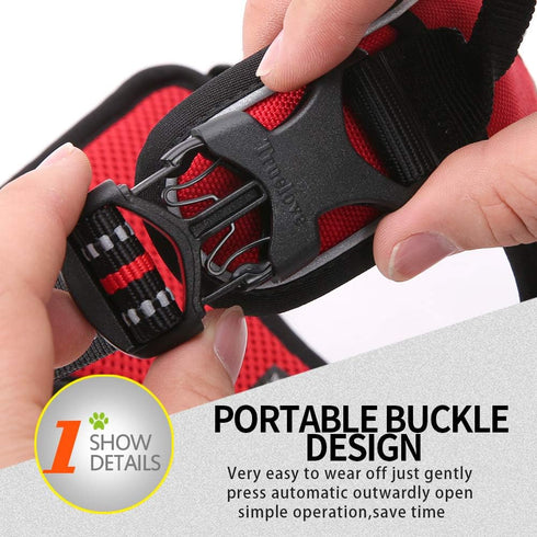 Soft Front Dog Harness, Best Reflective No Pull Harness with Handle and 2 Leash Attachments in Red