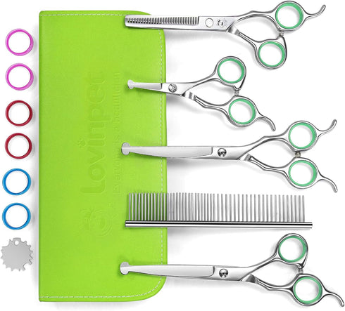 LovinPet Dog Grooming Scissors Set, Safety Round Tips Professional 6 in 1 Stainless Steel Grooming Shears