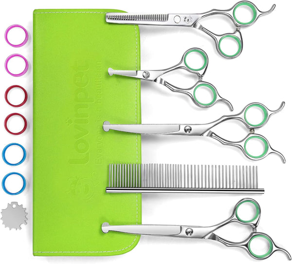 LovinPet Dog Grooming Scissors Set, Safety Round Tips Professional 6 in 1 Stainless Steel Grooming Shears