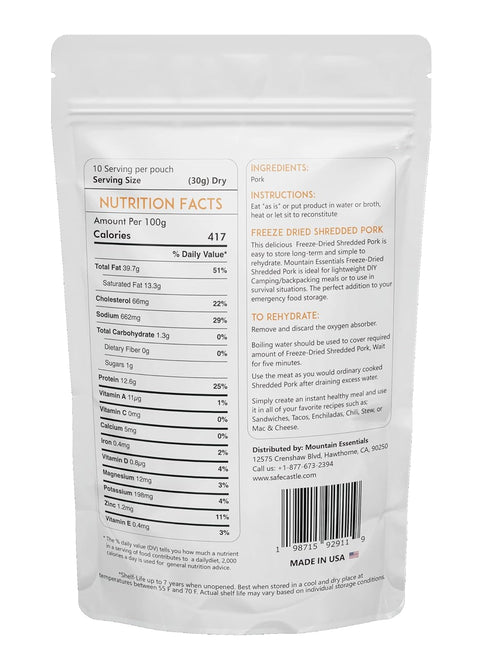 10 7-Year Pack 1 MOUNTAIN ESSENTIALS Freeze-Dried Shredded Pork Fully Cooked, Ready-to-Eat Meat | Servings per Pouch |