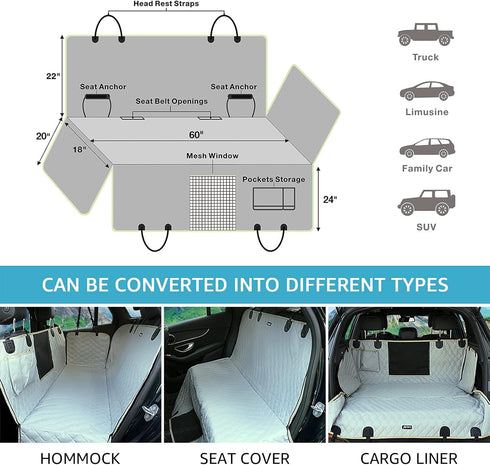 2 Hammock F150 F250/Chevrolet Lassie XL Truck Dog Seat Cover Back Seat with Seat Belts, Dog Car for Large SUV