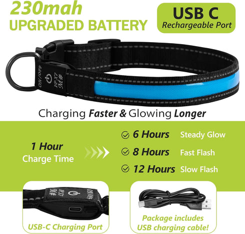Led Glowing Dog Collars, Lighted Rechargeable Glow Collar for Night, Light Up Dog Collar for Small Dogs (Blue, Pack of