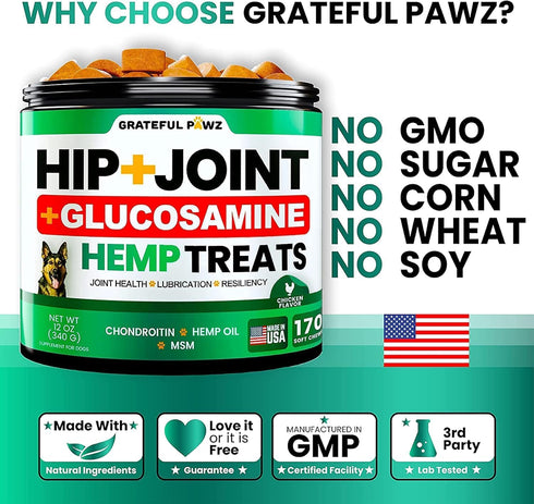 (2 Pack) Hemp Hip and Joint Supplement for Dogs, Glucosamine, 340 Dog Joint Pain Relief Treats, Mobility Support