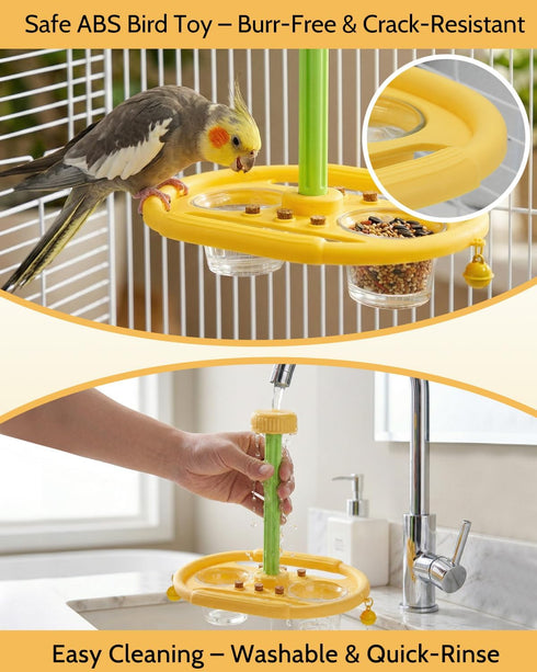 TriGia Paws 2 360 Bird Spinning Toy with Feeding Cups, Rotating Bird Toys for Parrots with Bells & Cork for Boredom
