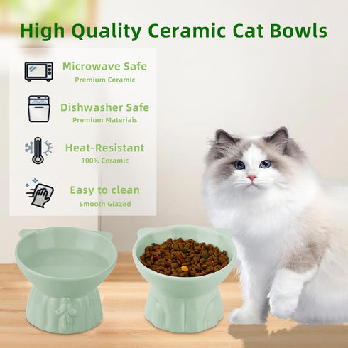 Elevated Ceramic Cat Bowls, 2Pc Extra Wide Raised Shallow Food and Water Dish, Whisker Friendly, Anti Vomit, Microwave