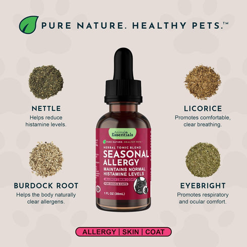 100% 1 oz Animal Essentials Seasonal Allergy Treatment for Dogs - Liquid Herbal Support for Dogs & Cats, Wellness