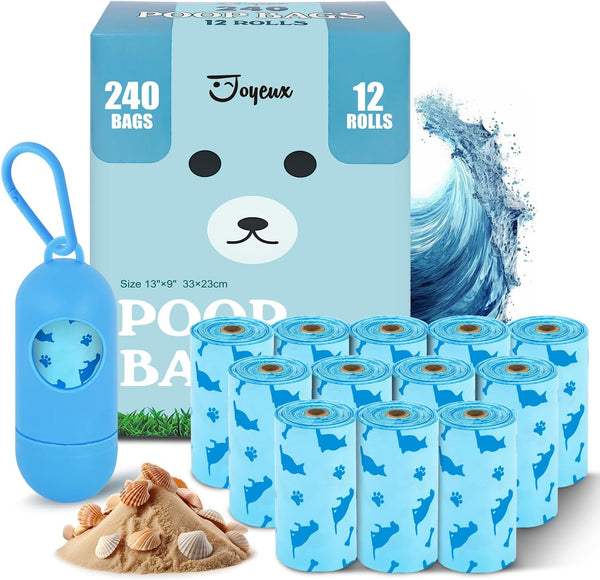 Joyeux 240 Count Ocean Scent Dog Poop Bags Rolls,with Dispenser,Leak-Proof Large Doggie,Extra